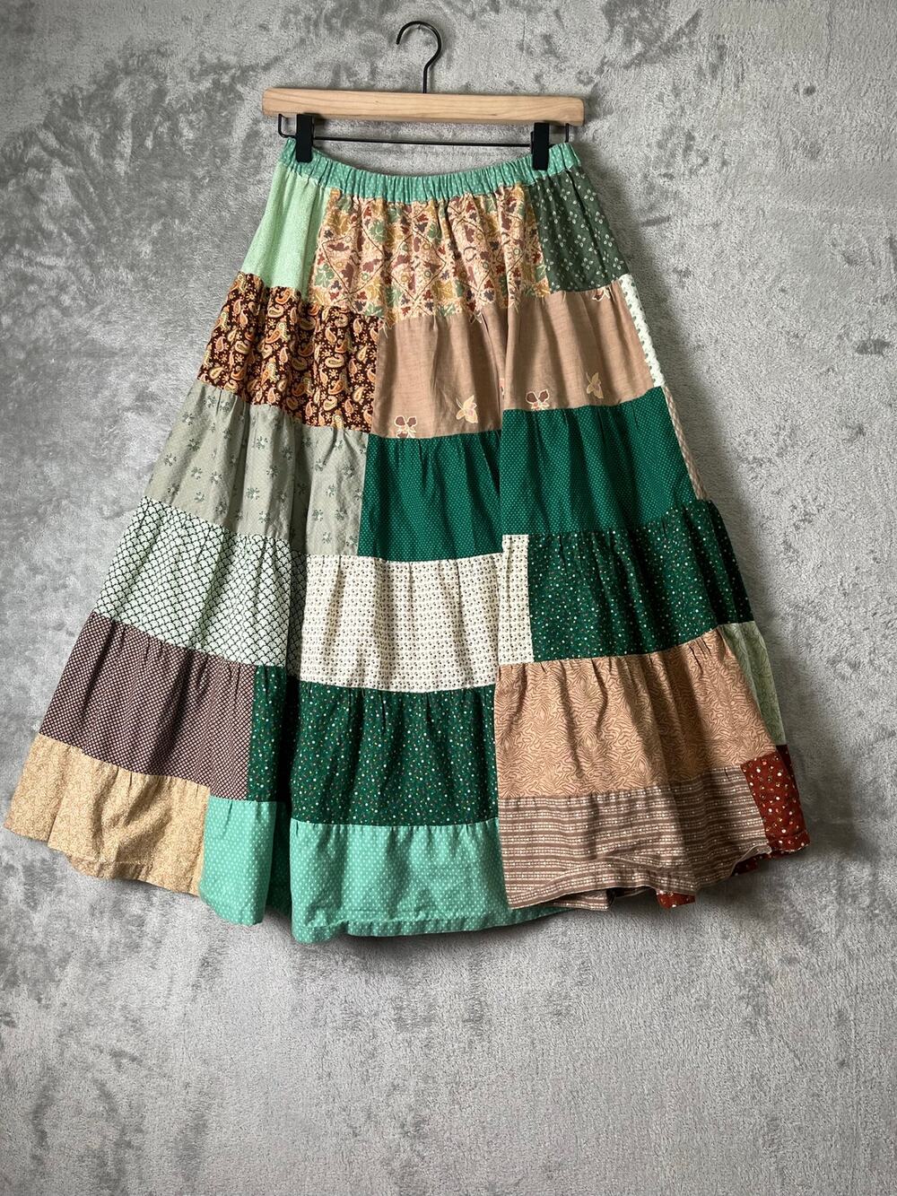 Vintage Homemade Patchwork Maxi Skirt Boho Prairie Cottagecore Peasant Tiered